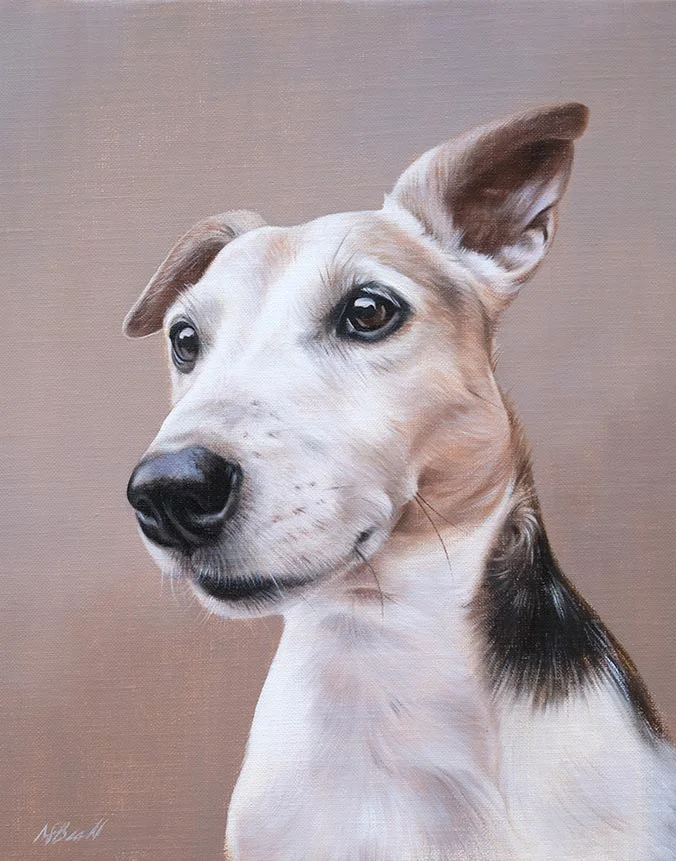 Realistic oil portrait of Wilson the dog by Nicholas Beall