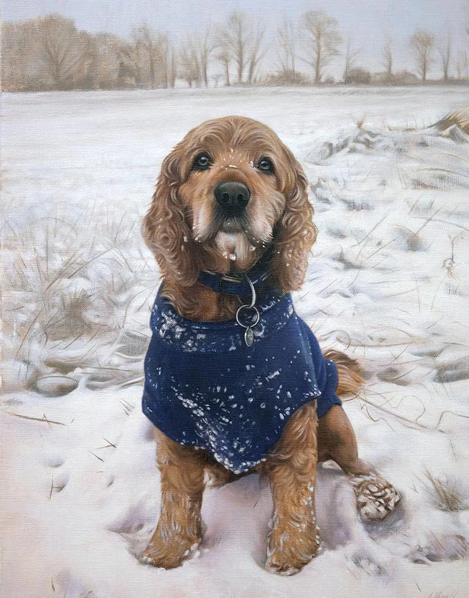 Oil portrait of Milo the dog for actor John Nettles by Nicholas Beall