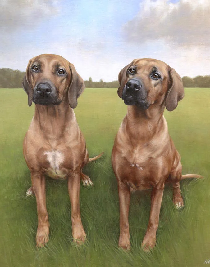 Amba and Maddie Rhodesian Ridgeback dog oil painting by Nicholas Beall