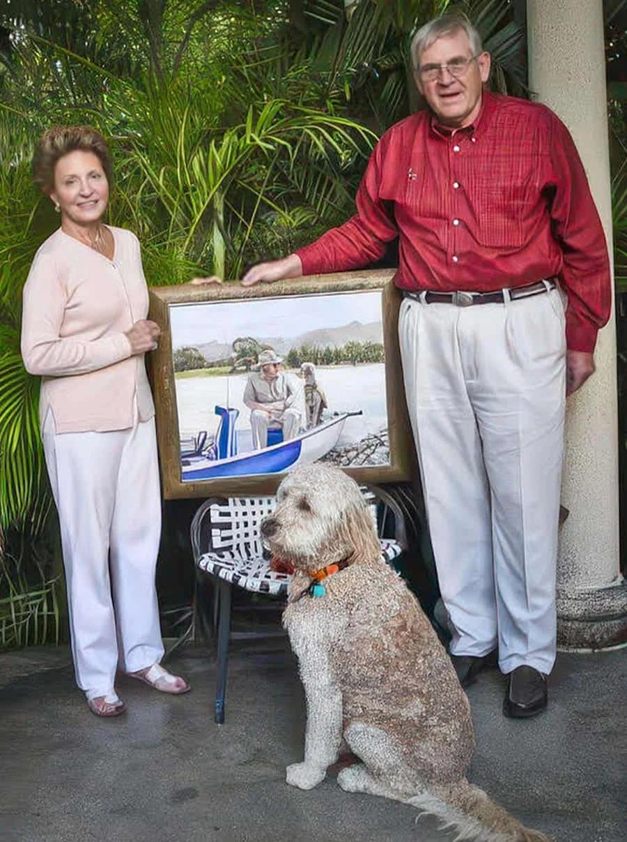 Oil portrait of Henry and Daisy the dogs with a scenic landscape background