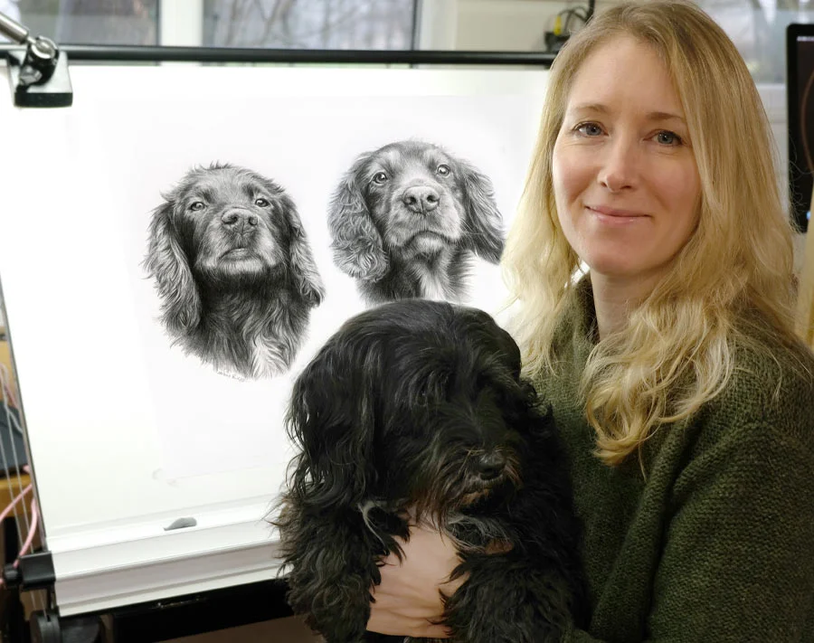 Melanie Phillips: Pet Portrait Artist with Lily Melanie Phillips, the artist, with her Tibetan Terrier Lily, a visual representation of her pet portrait artistry.