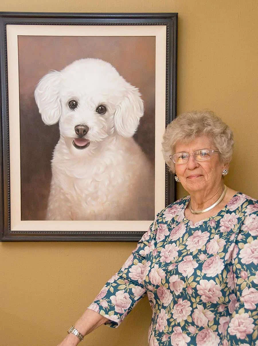 Large oil pet portrait on linen canvas with proud owner