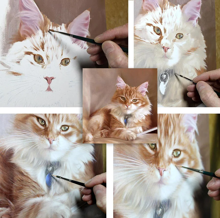 Stages of an oil cat portrait of Dudley by Nicholas Beall