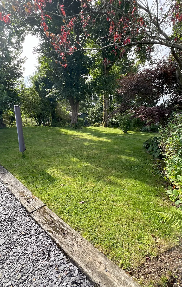 Corner of the cottage garden with chickens and storage shed Looking down towards the bottom corner of the garden where the chikens live.