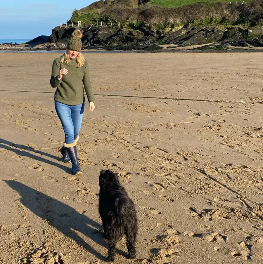 Winter beach walk in West Wales with Lily Melanie Phillips and Lily the Tibetan Terrier walking along a serene beach in West Wales during winter.