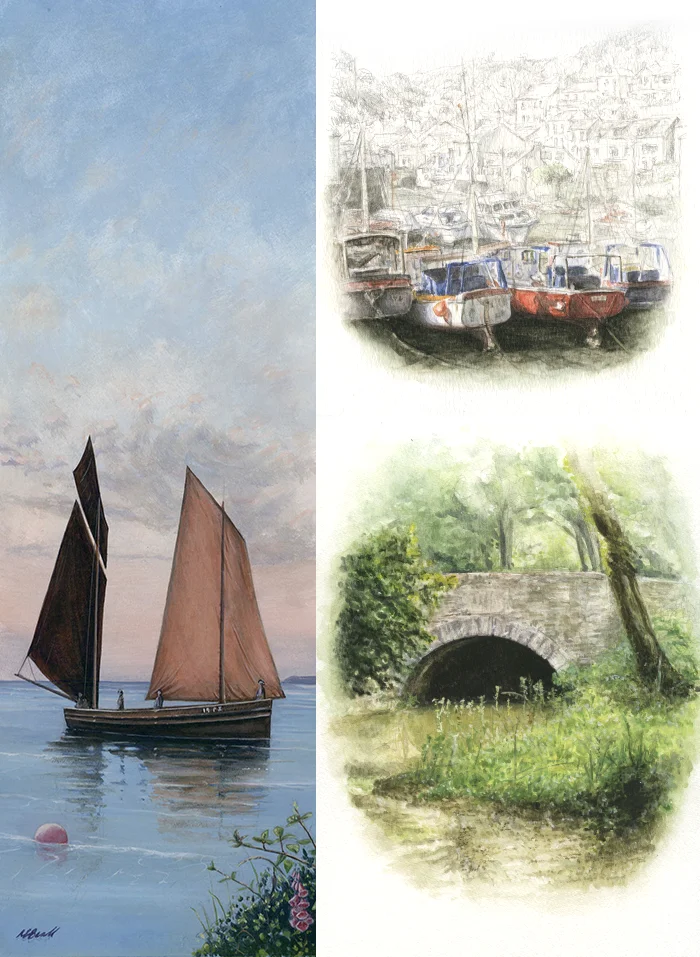 Two early watercolour paintings by Nicholas Beall from his teenage years: Polperro harbor and a landscape study.